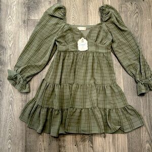 NWT Altar’D State Tiered Green Plaid dress with ruffle sleeves size XS